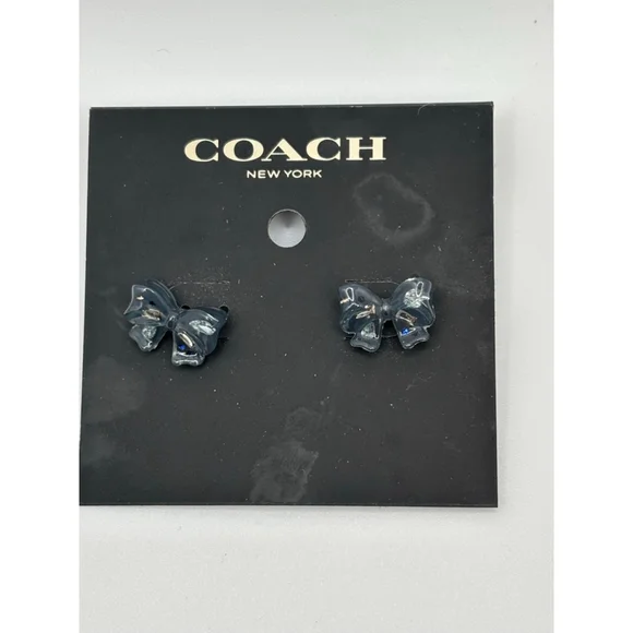 Coach Bow Stud Earrings Blue Crystal Silver Tone New - Picture 6 of 7